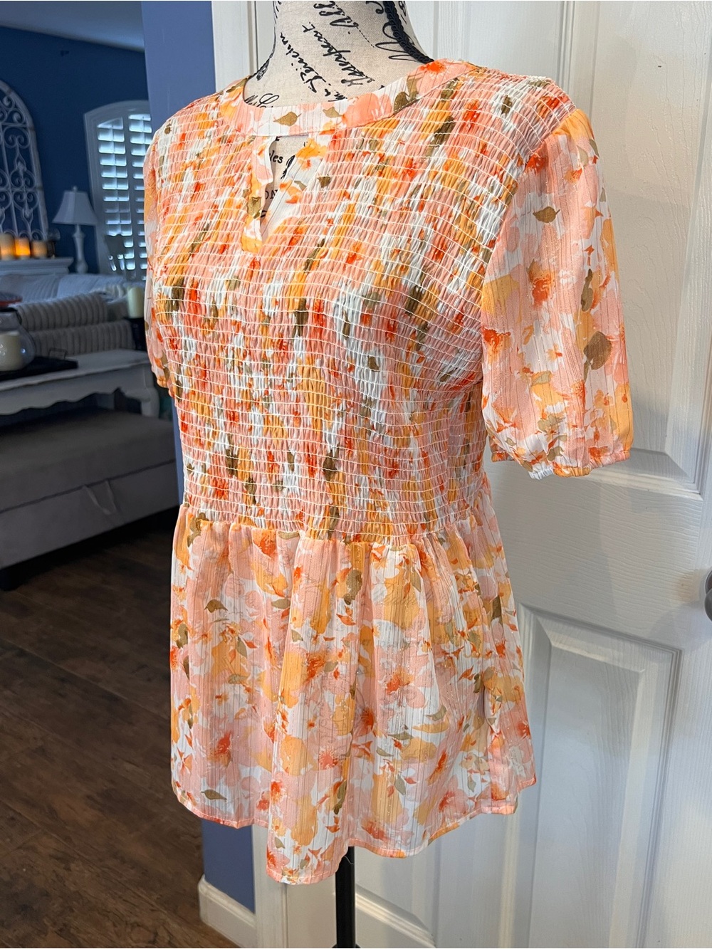 Smocked Floral Peplum Top - Peach Orange fairycore fall romantic shimmer